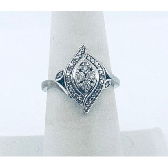 Estate Sterling Silver 925 Diamond Cluster Marquise Shape Ring Size 7, 3.8g - Picture 1 of 10